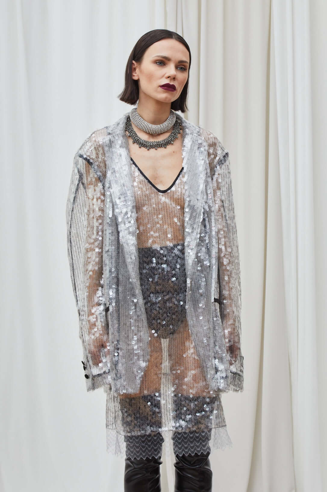 Col Châle Veste à Sequins Femme Veste Argentée à Sequins – PNCLD