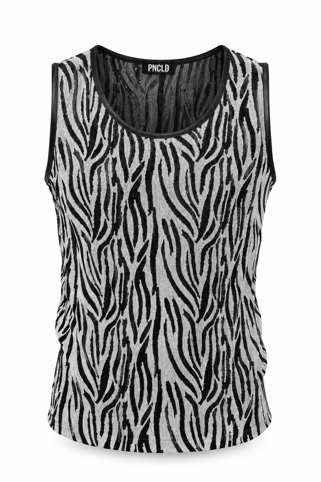 txt
Top sin mangas cuello redondo lentejuelas cebra