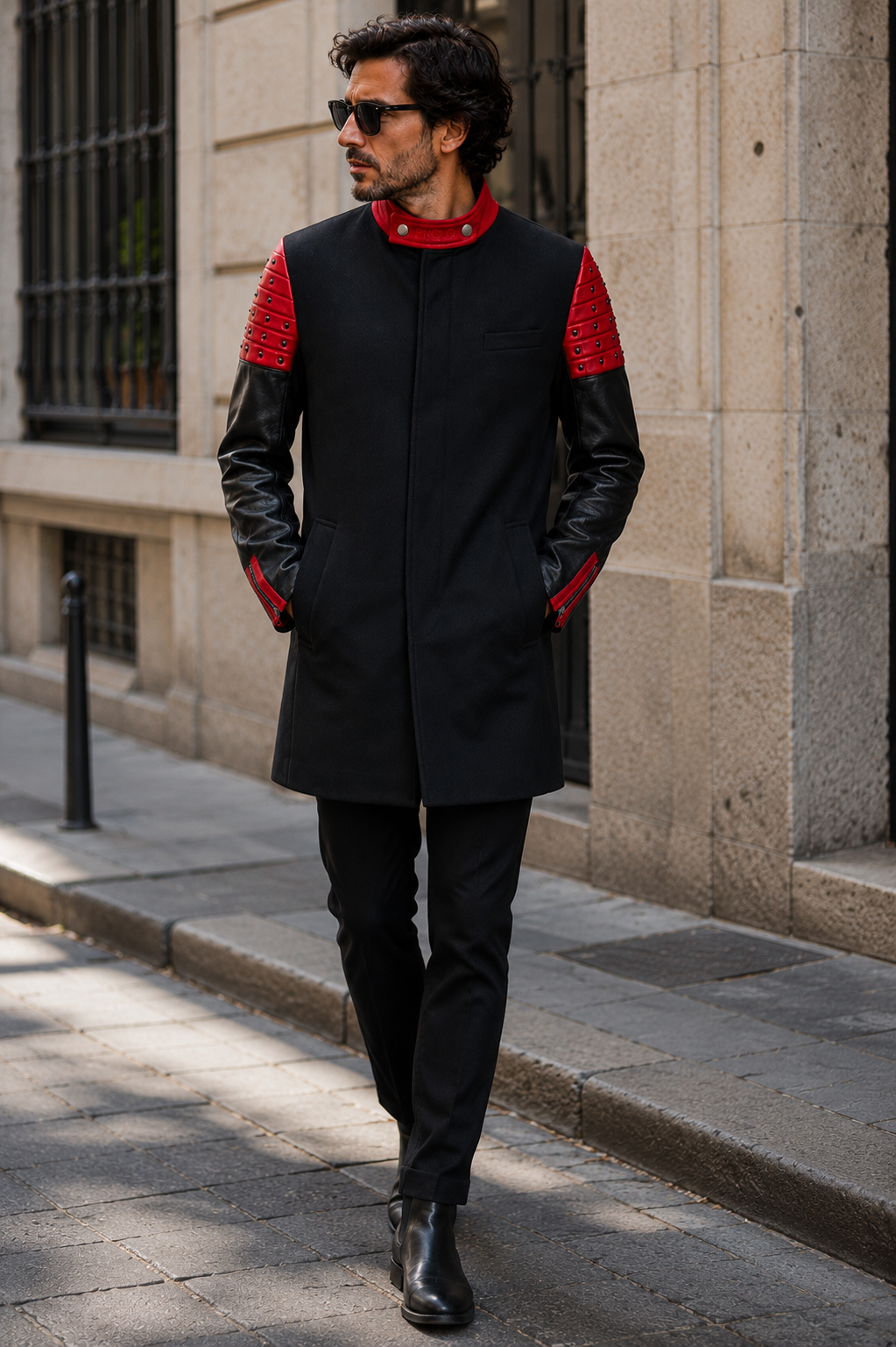 Cappotto Coreano Downey - Cuero Negro/Rojo