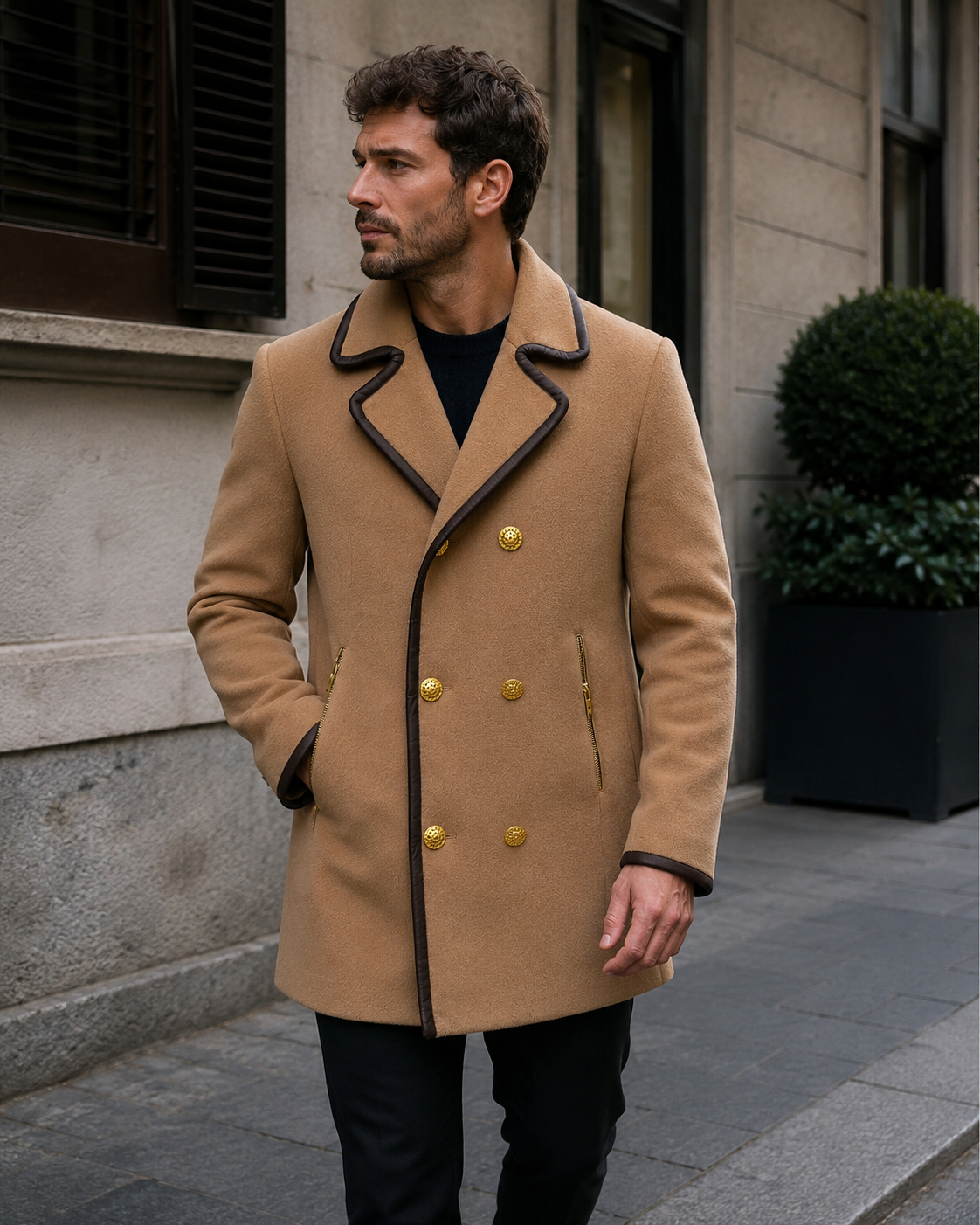 HANKS Coat - Beige insert Leather/ Gold Buttons