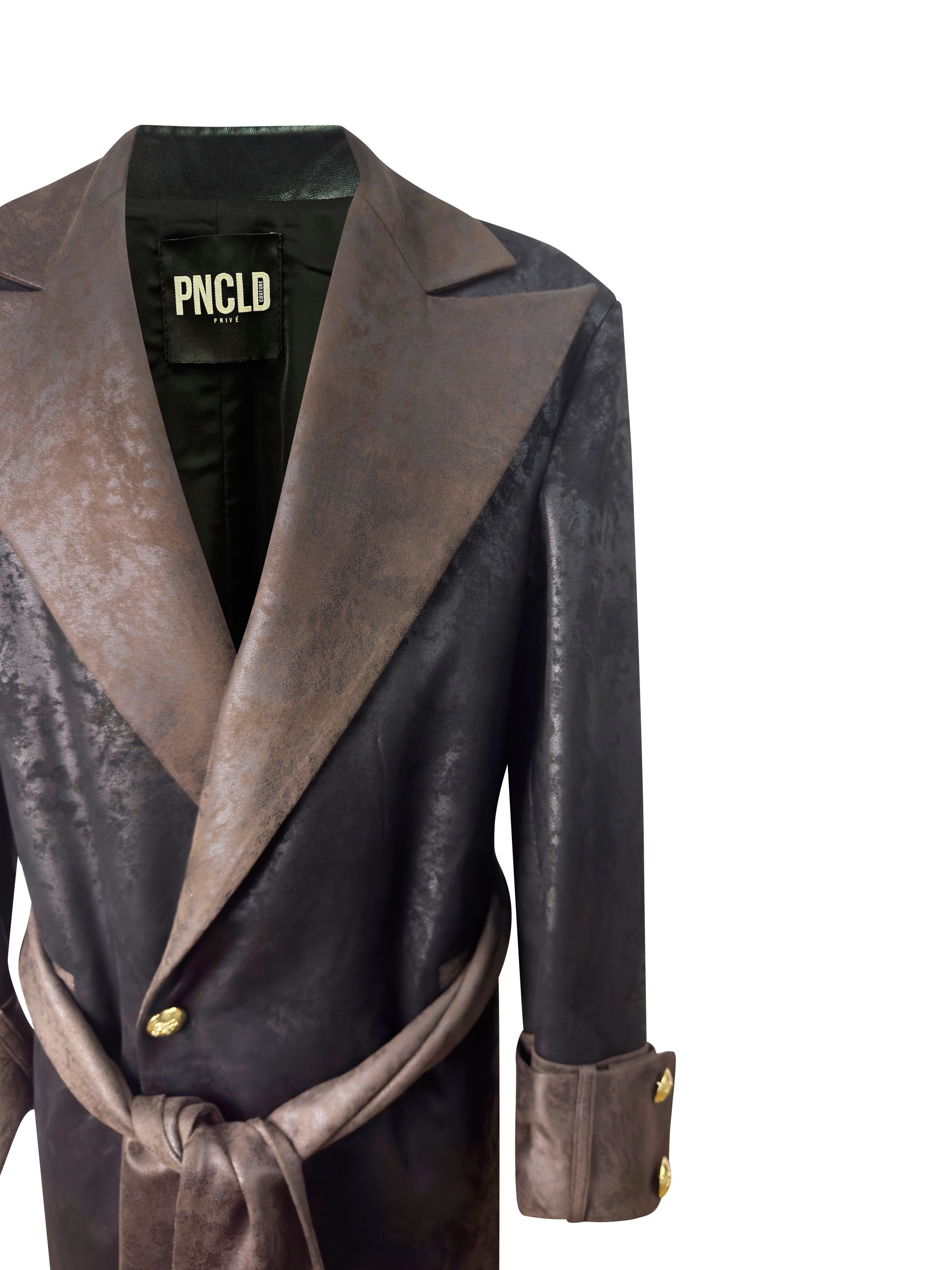 Cappotto Camoscio Lungo Nero e Marrone con Cintura details