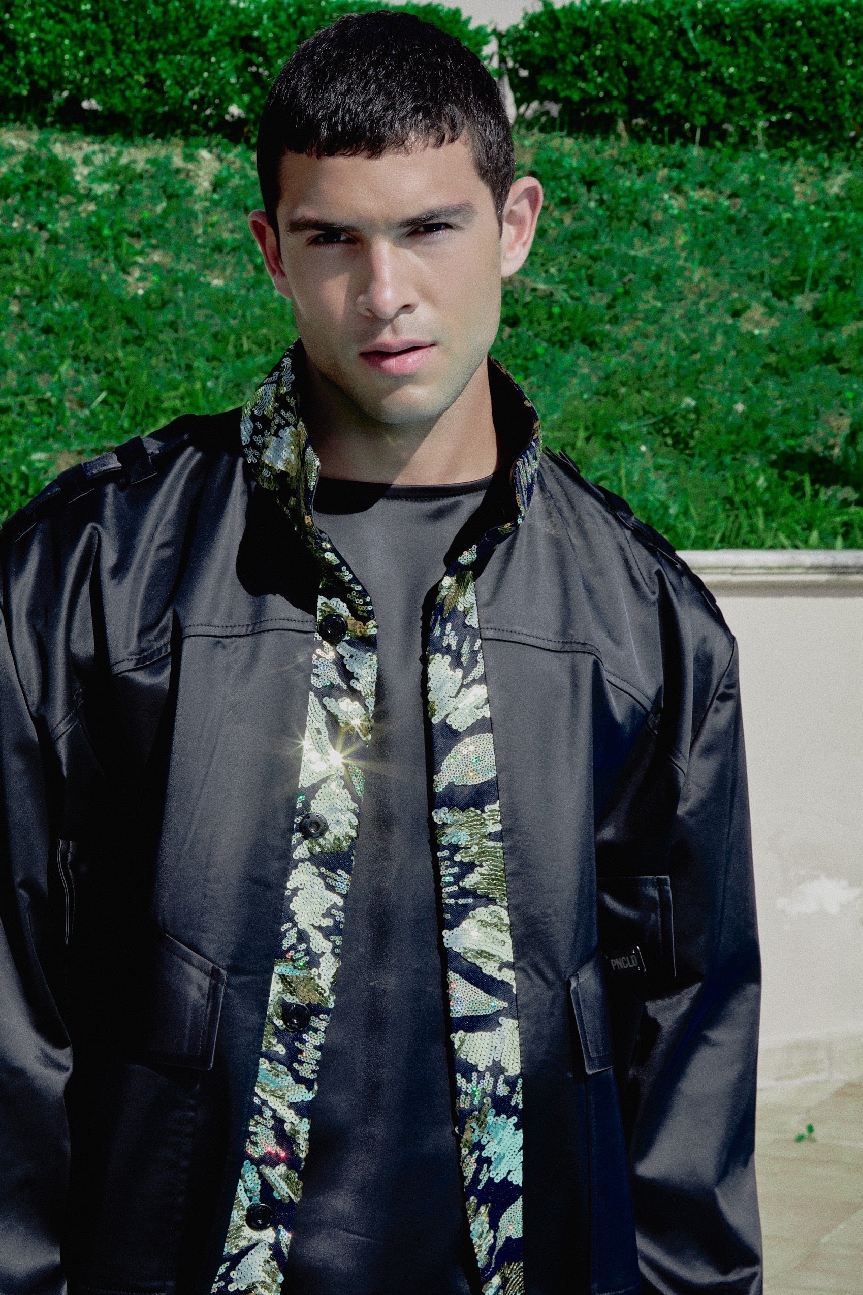 Black Satin Bomber with Gold Embroidery