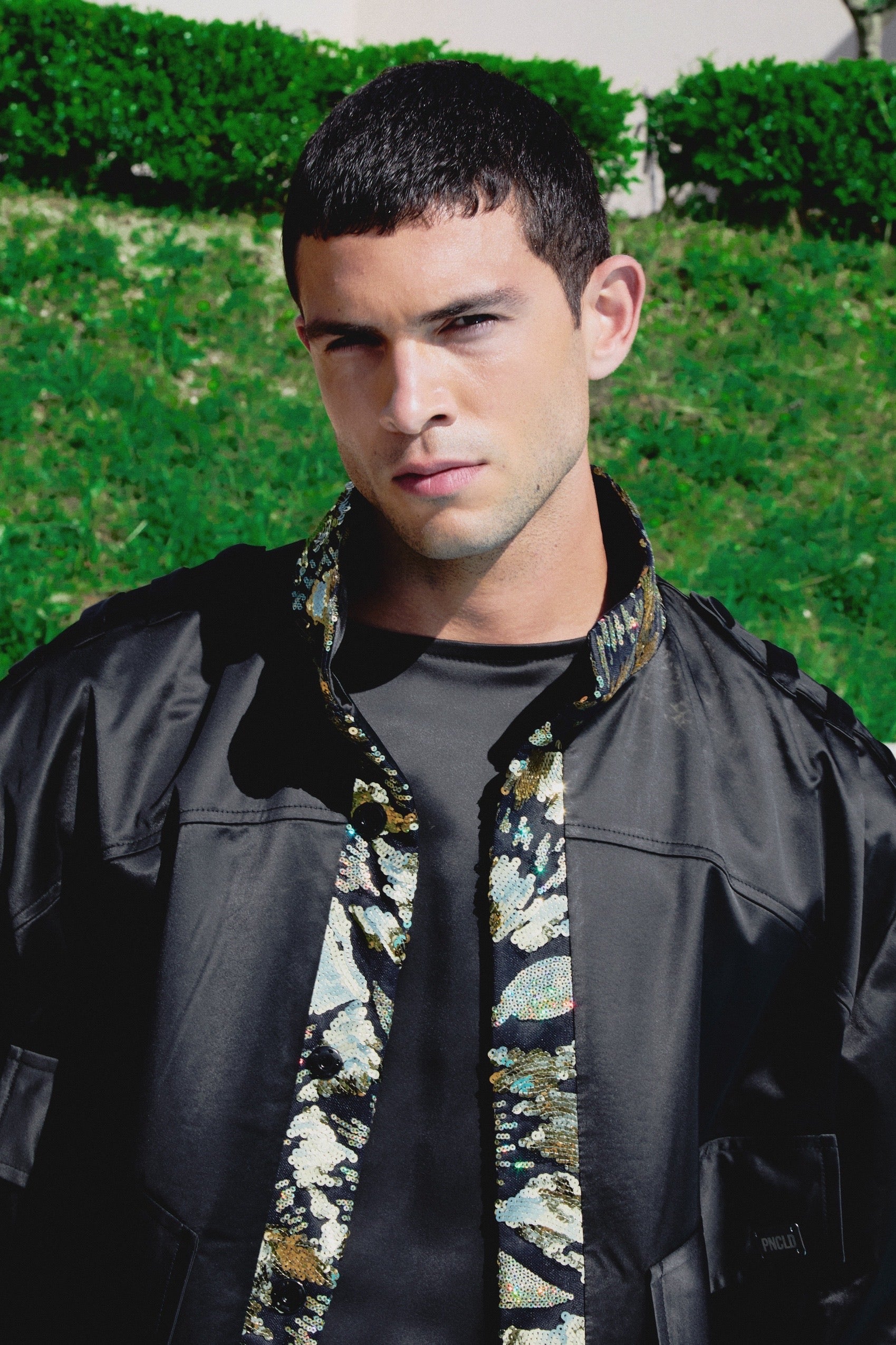 Black Satin Bomber with Gold Embroidery