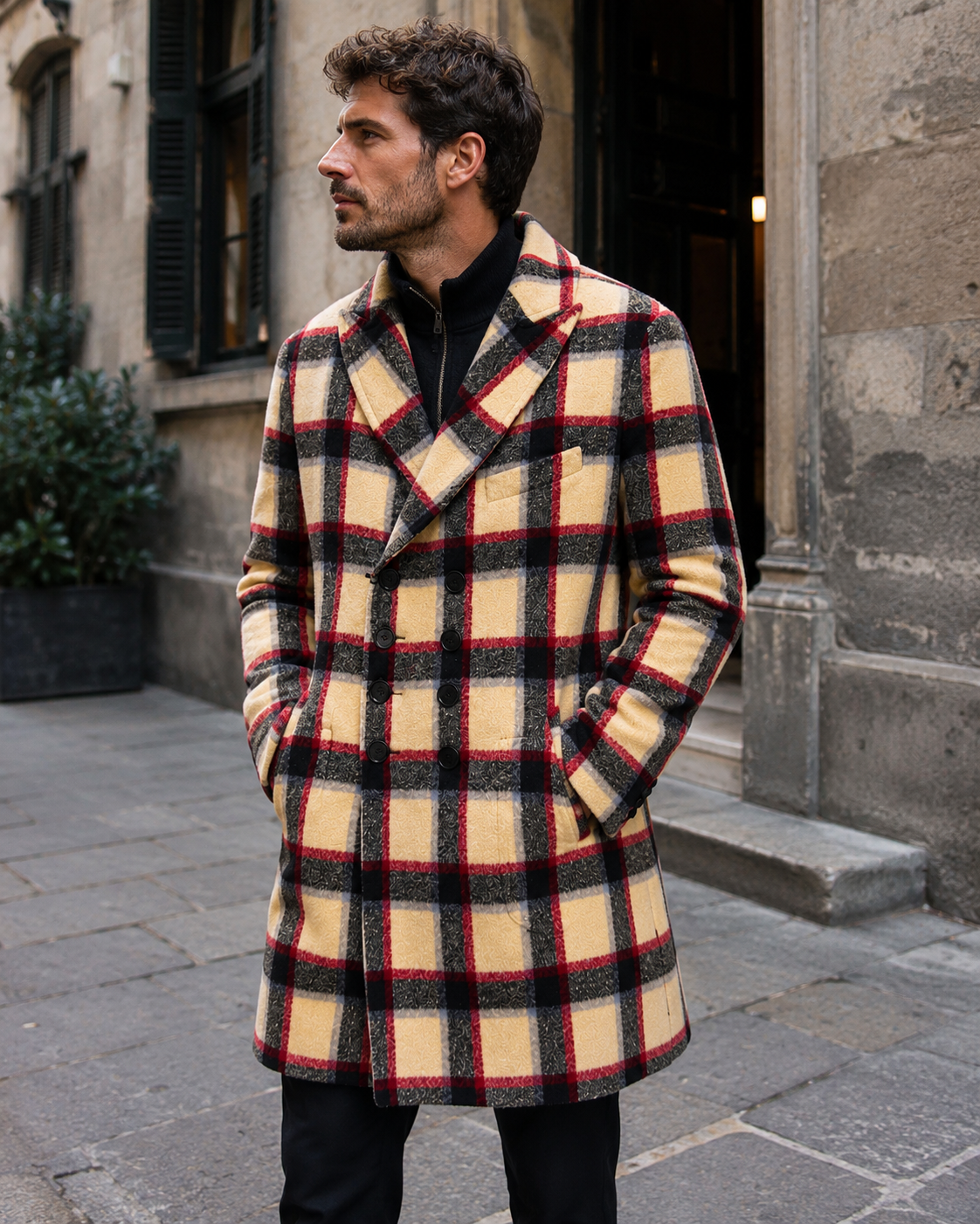 Coat DEEP - White Square Red-Black Line