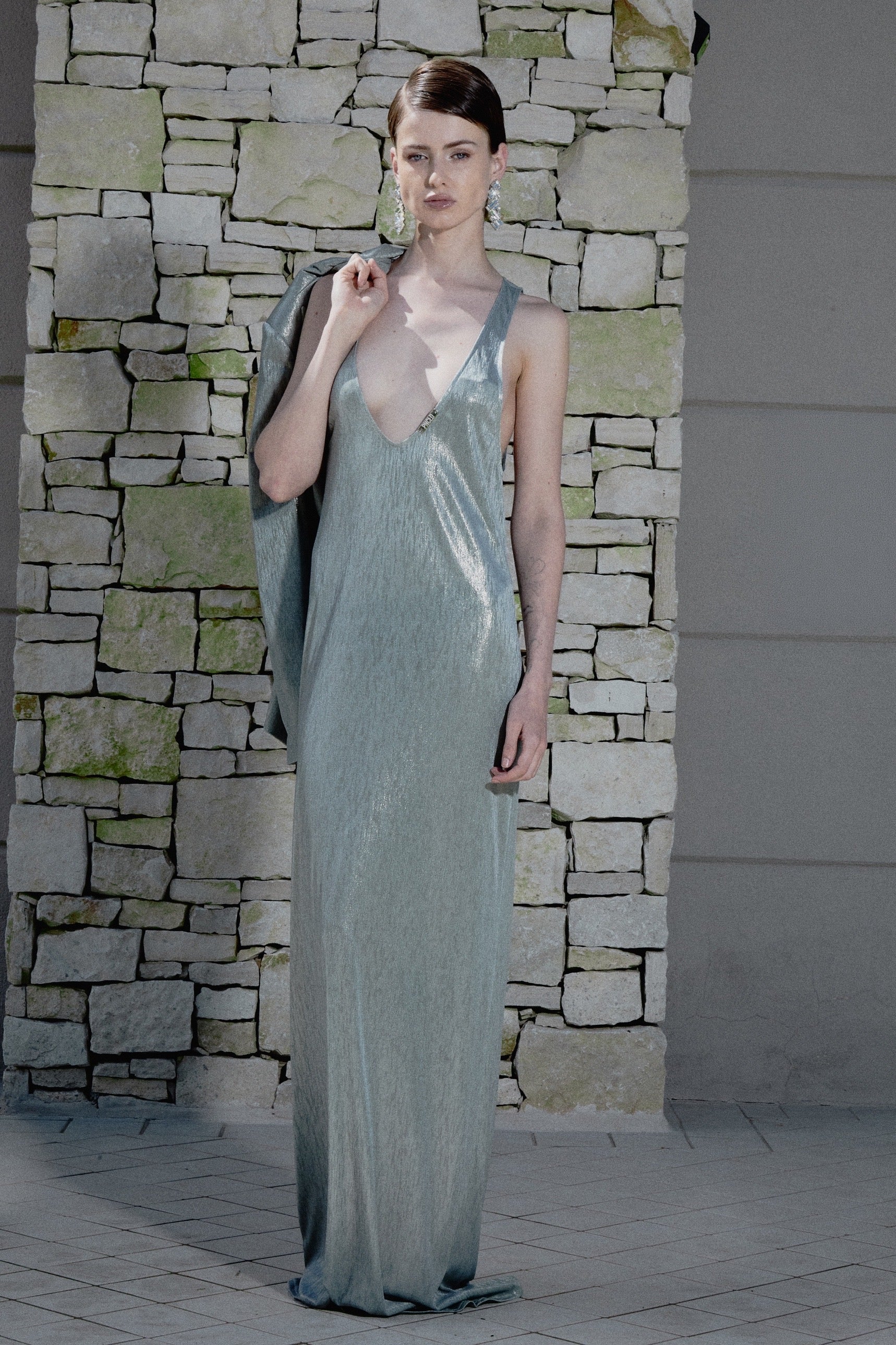 Robe longue en jersey plaqué