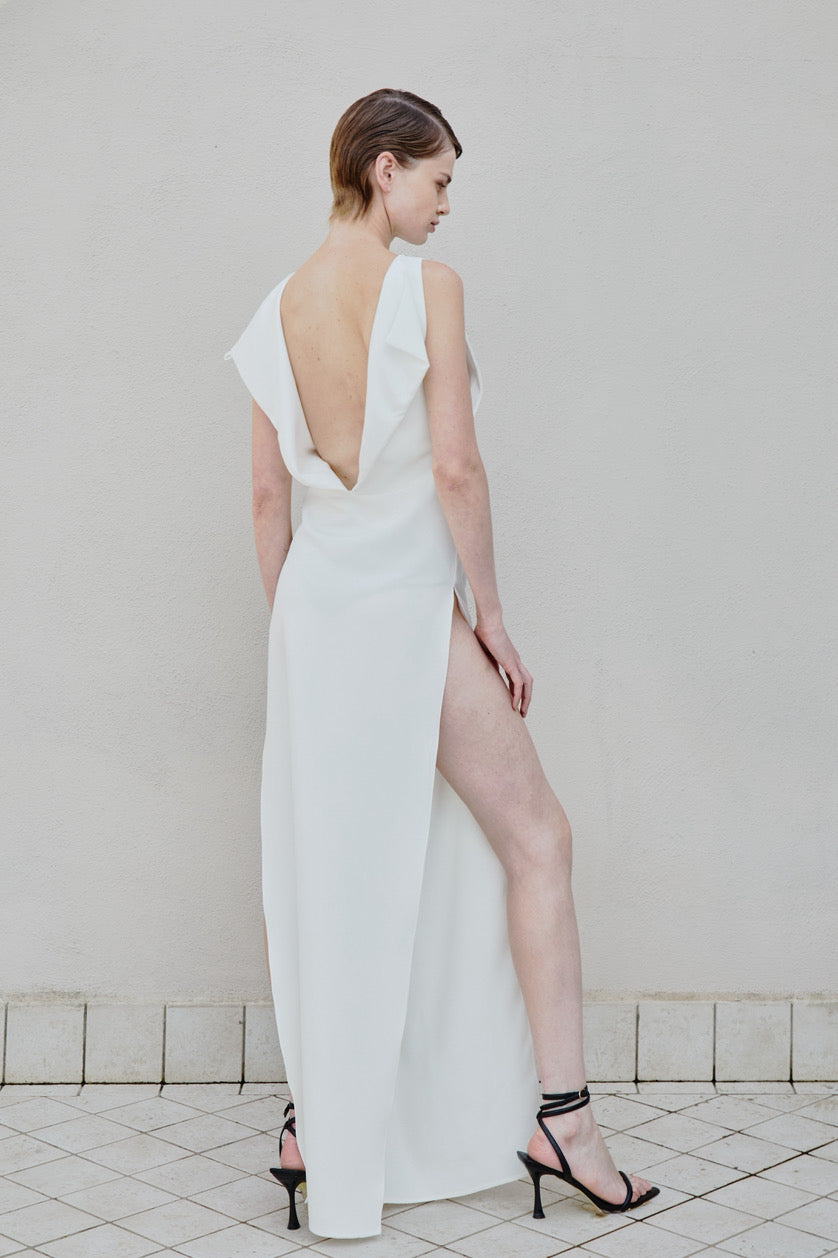 Abito Long Dress Fente Satin Blanc