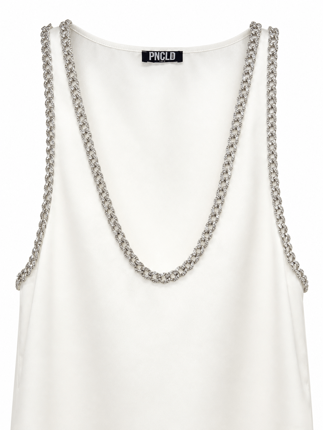 Robe longue en satin blanc avec chaîne