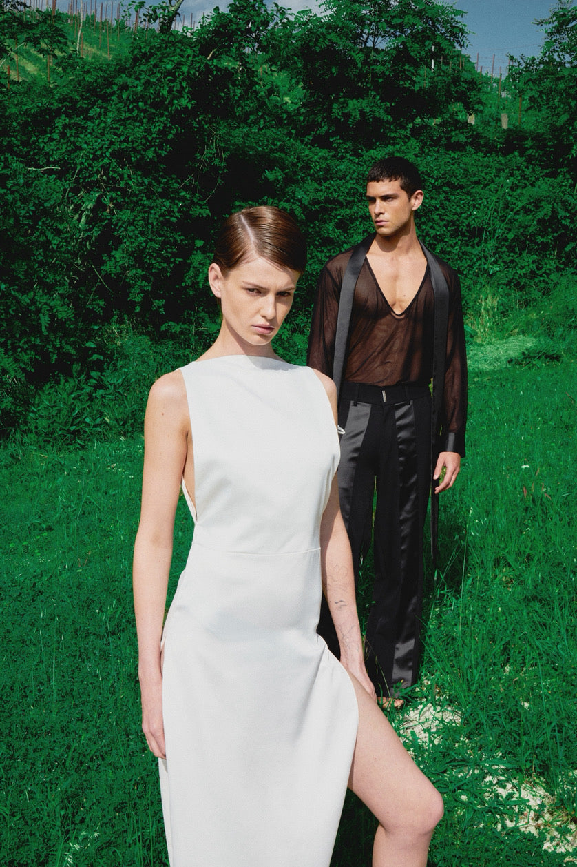 Abito Long Dress Fente Satin Blanc