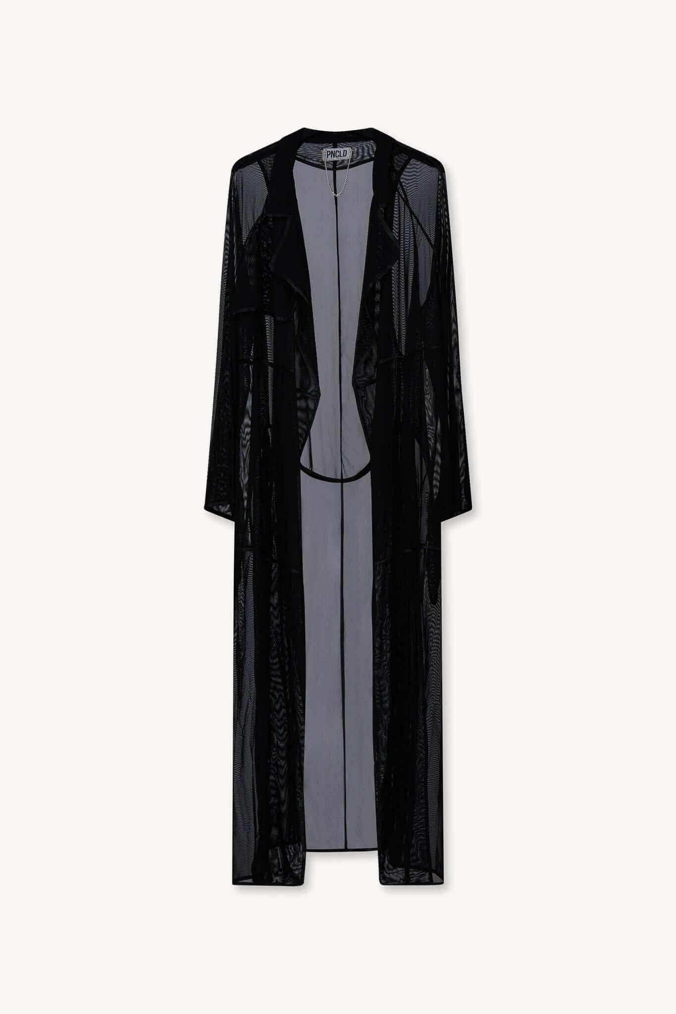 Trench Lungo in Tulle Nero con Cintura