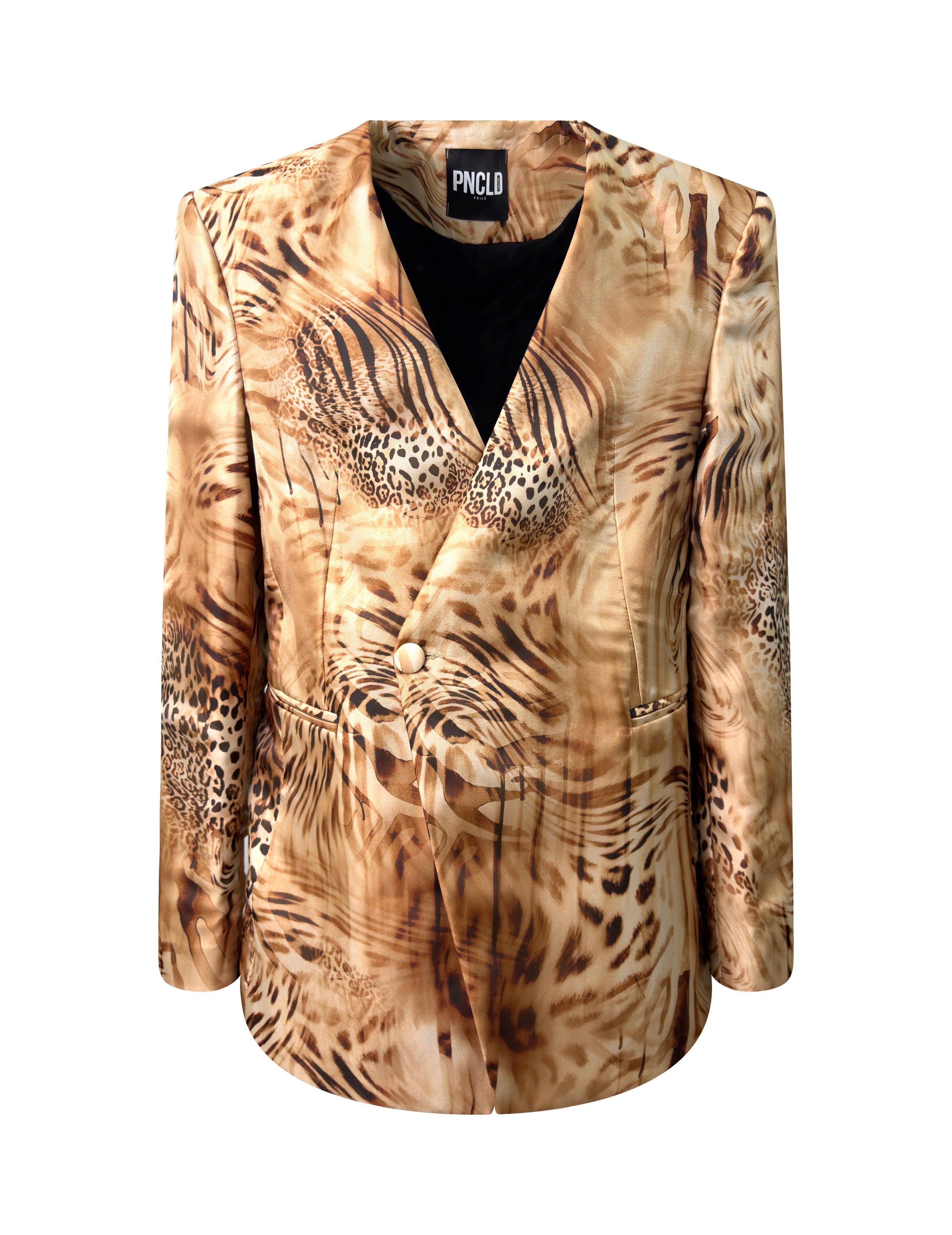 無領動物紋沙色外套