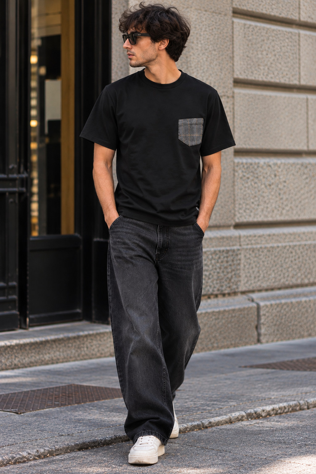 T-Shirt Bicolore Nera Quadri Marrone