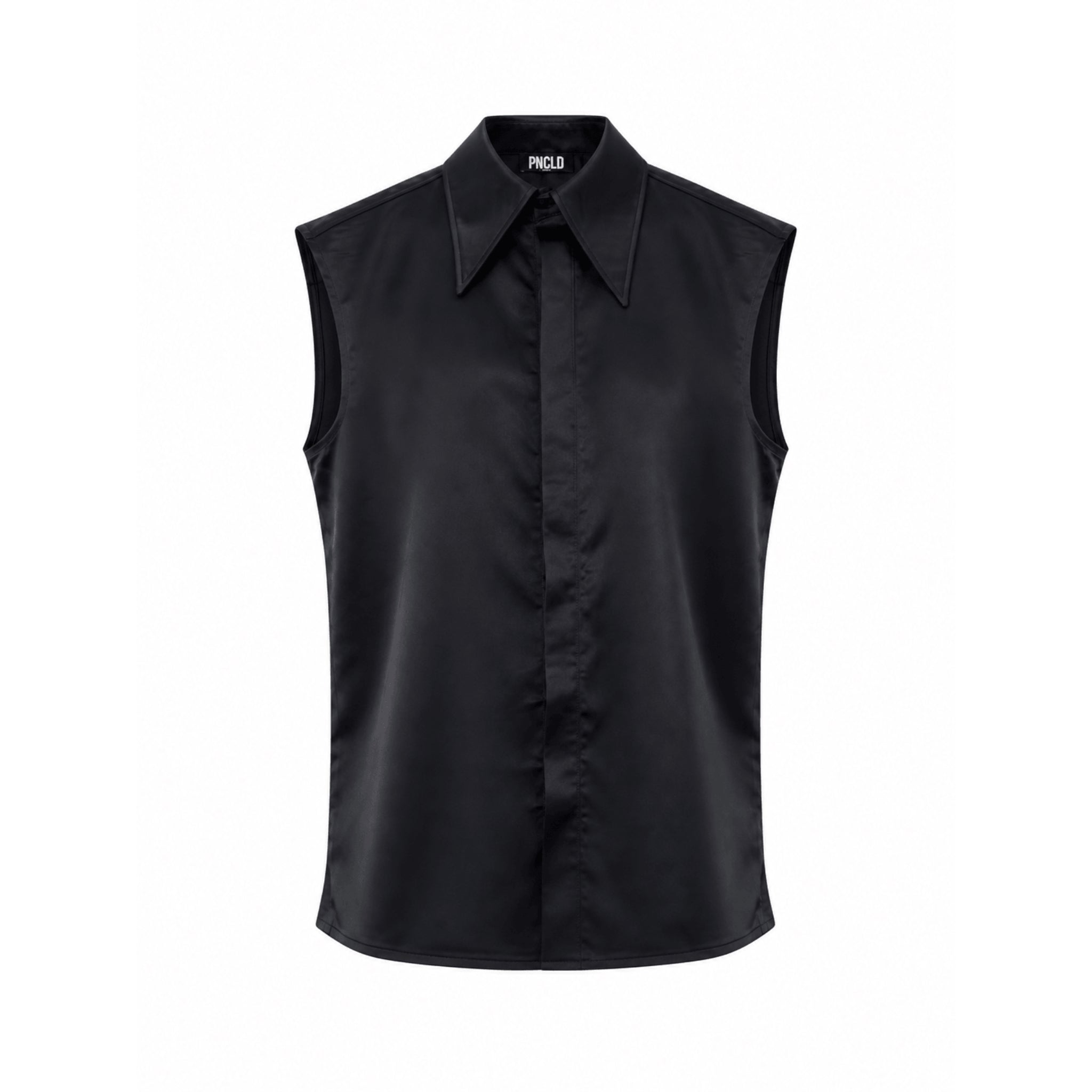 Schwarze ärmellose Satinbluse