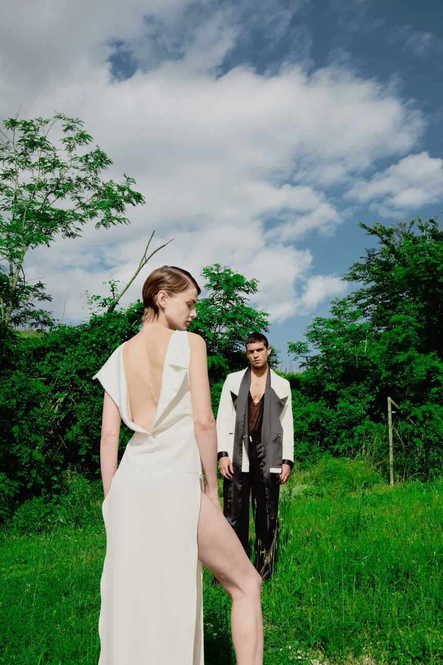 Abito Long Dress Fente Satin Blanc