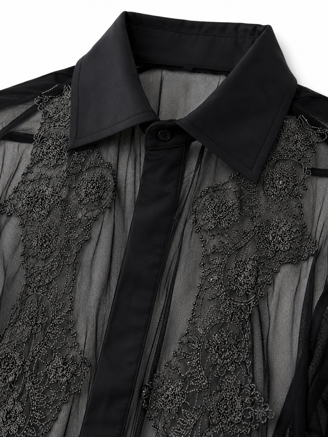Camicia Regolare Tulle Nera con Ricamo