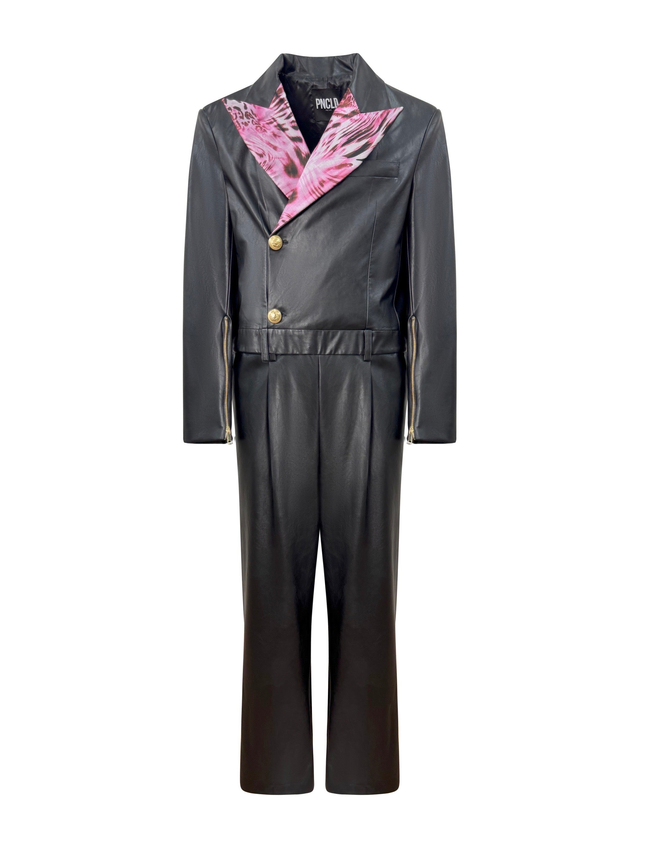Tuta BlazerEcopelle Nera e Animalier Rosa fronte