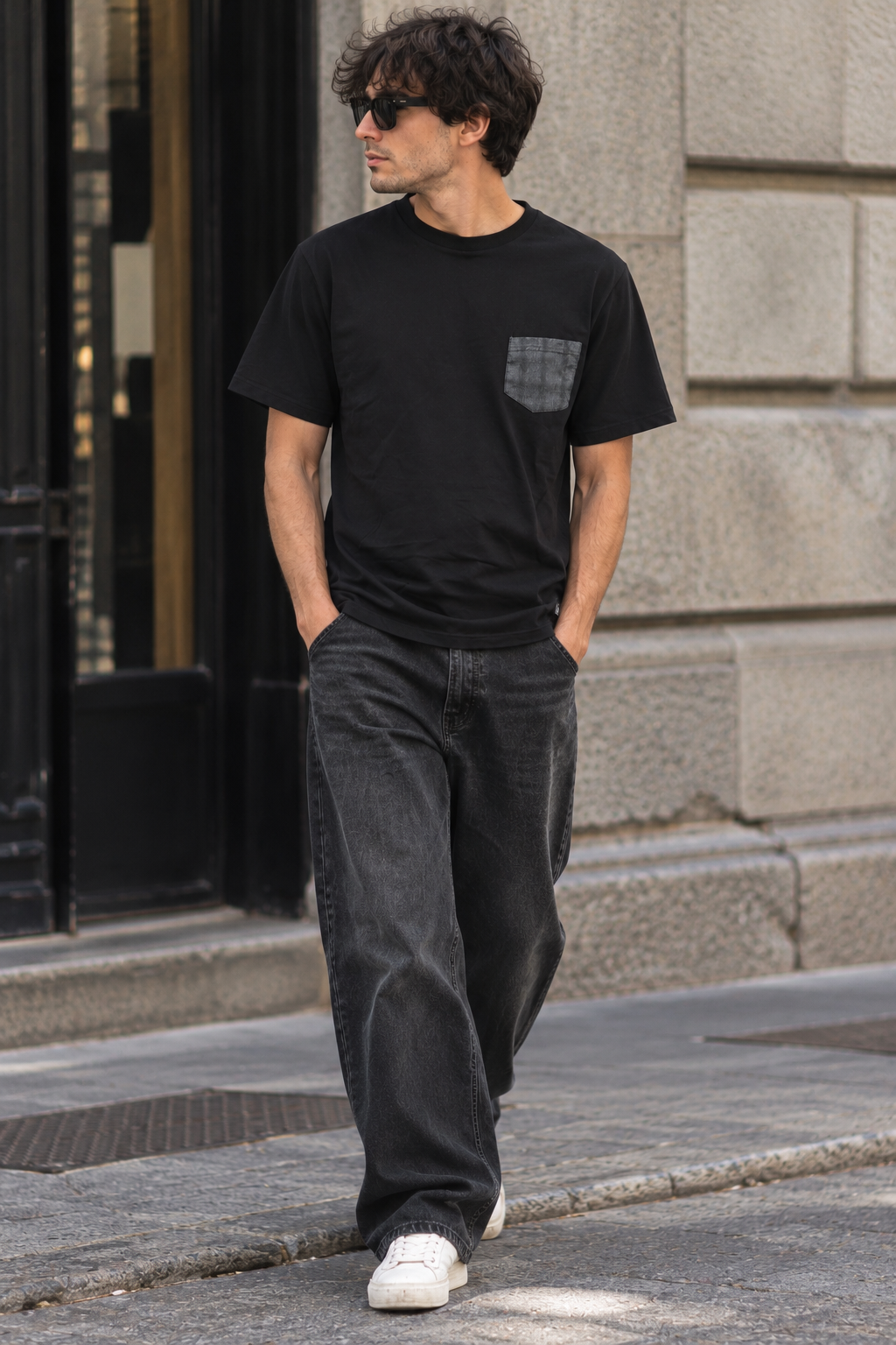 T-Shirt Bicolore Nera Quadri Grigia