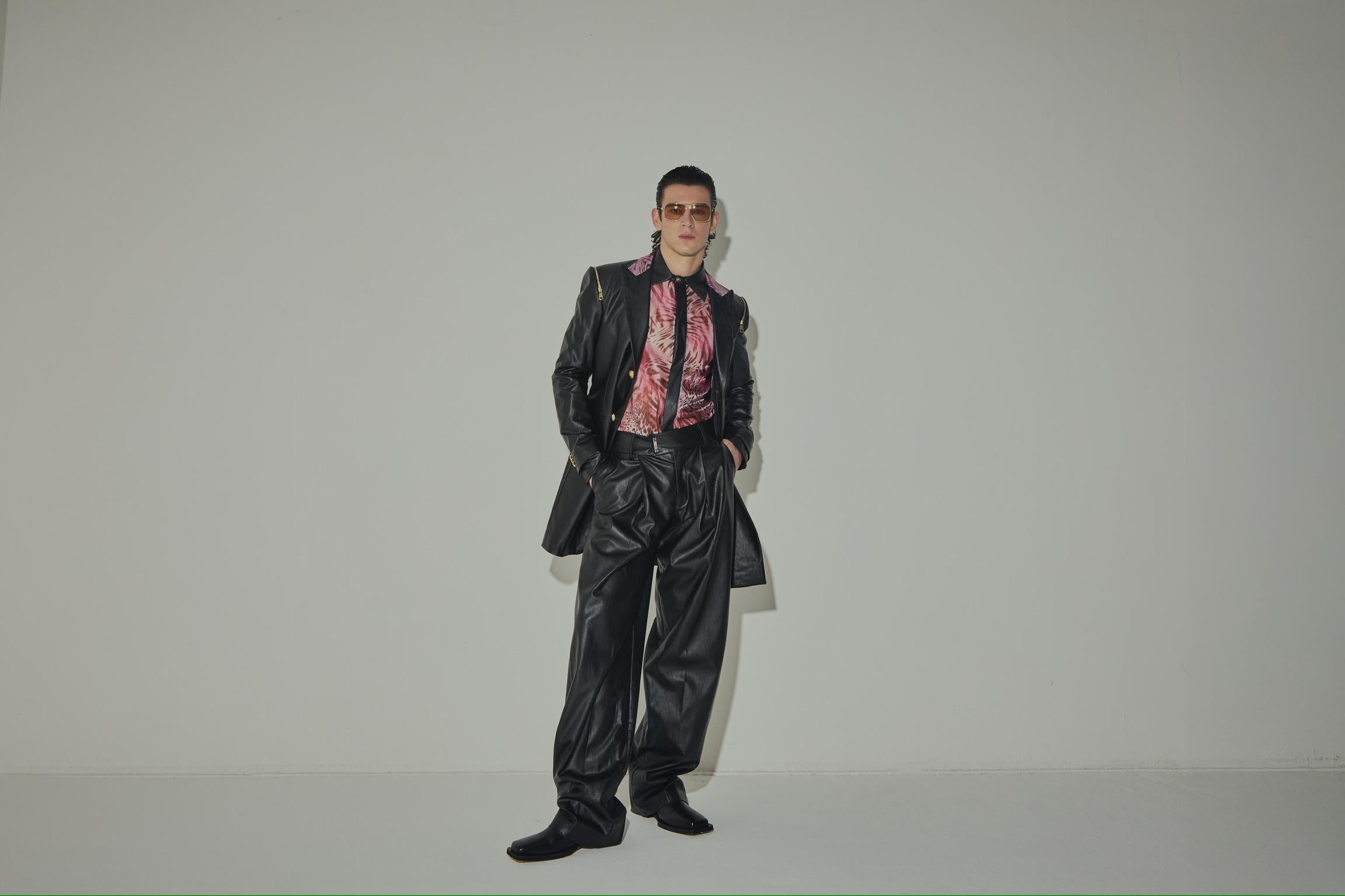 Giacca Lancia Ecopelle Nera Collo Animalier