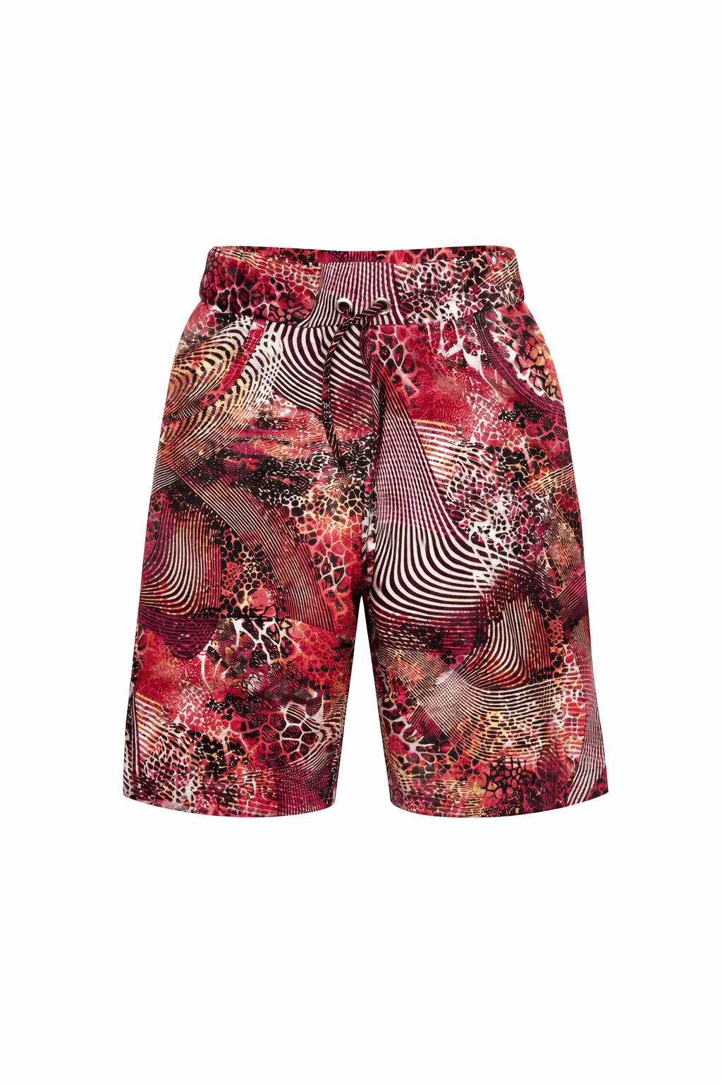 Bermuda in tessuto poliviscosa fucsia con motivi grafici audaci, ideale per look casual e sofisticati.