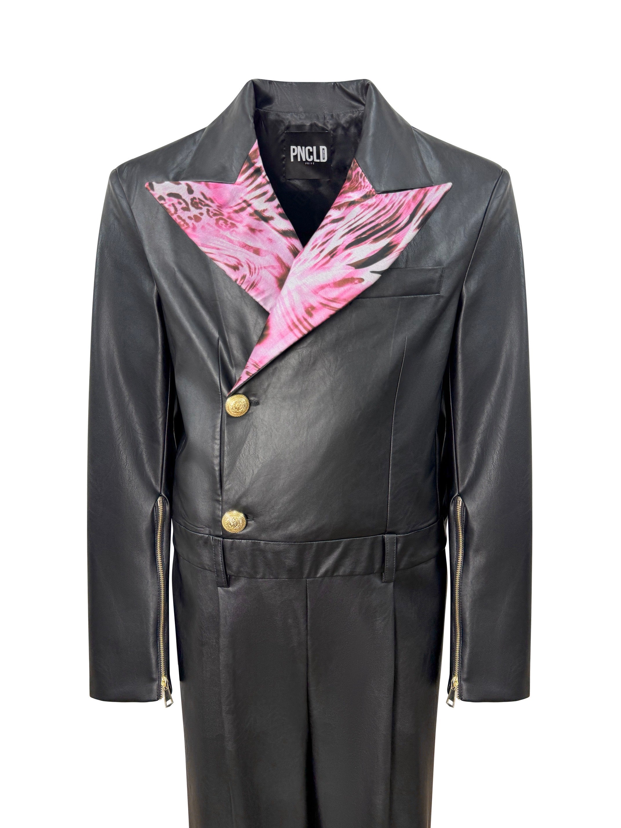 Tuta BlazerEcopelle Nera e Animalier Rosa dettaglio