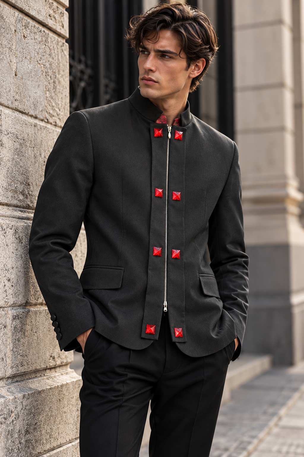 Giacca GENESIS - Black Wide Strip Red Jewels