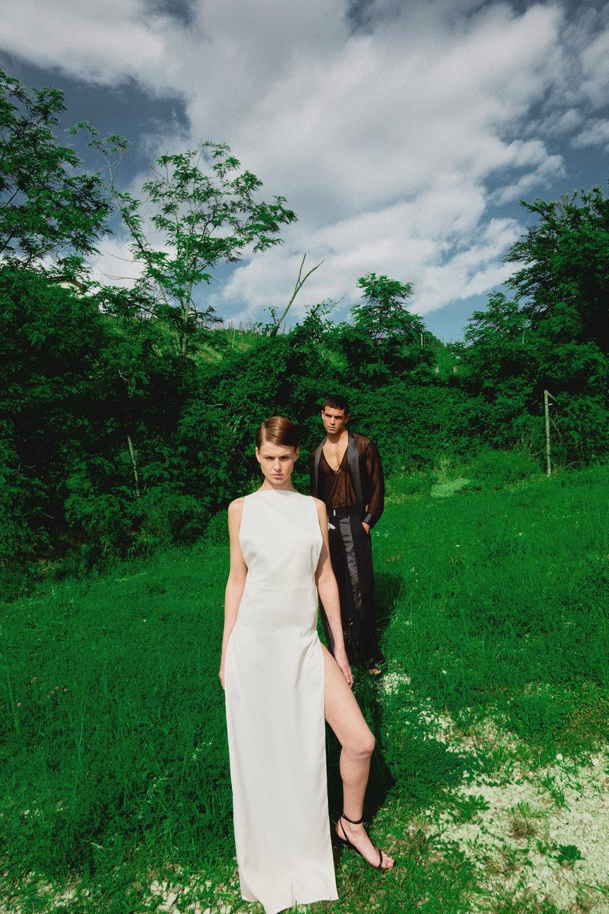 Abito Long Dress Fente Satin Blanc