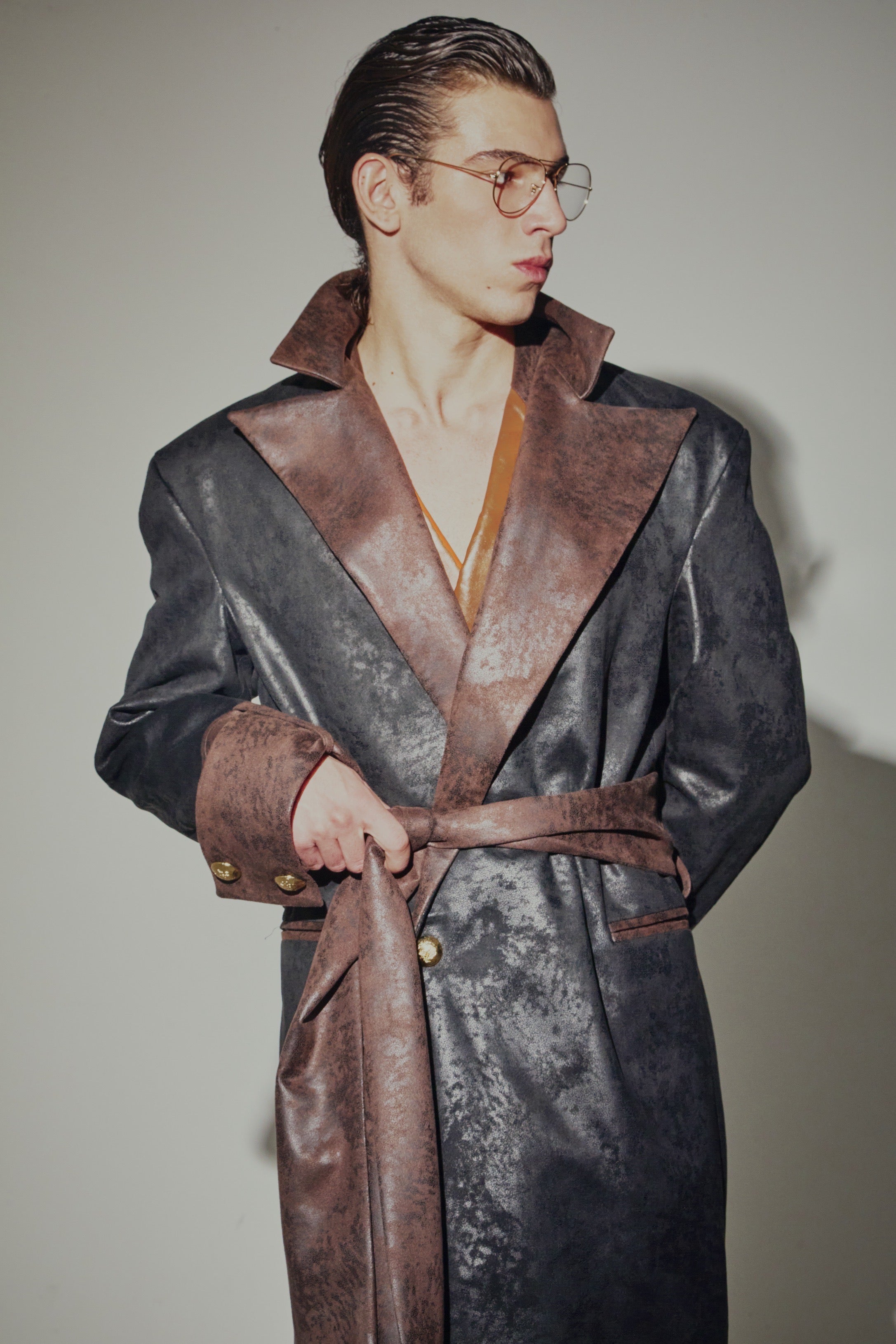 Cappotto Camoscio Lungo Nero e Marrone con Cintura