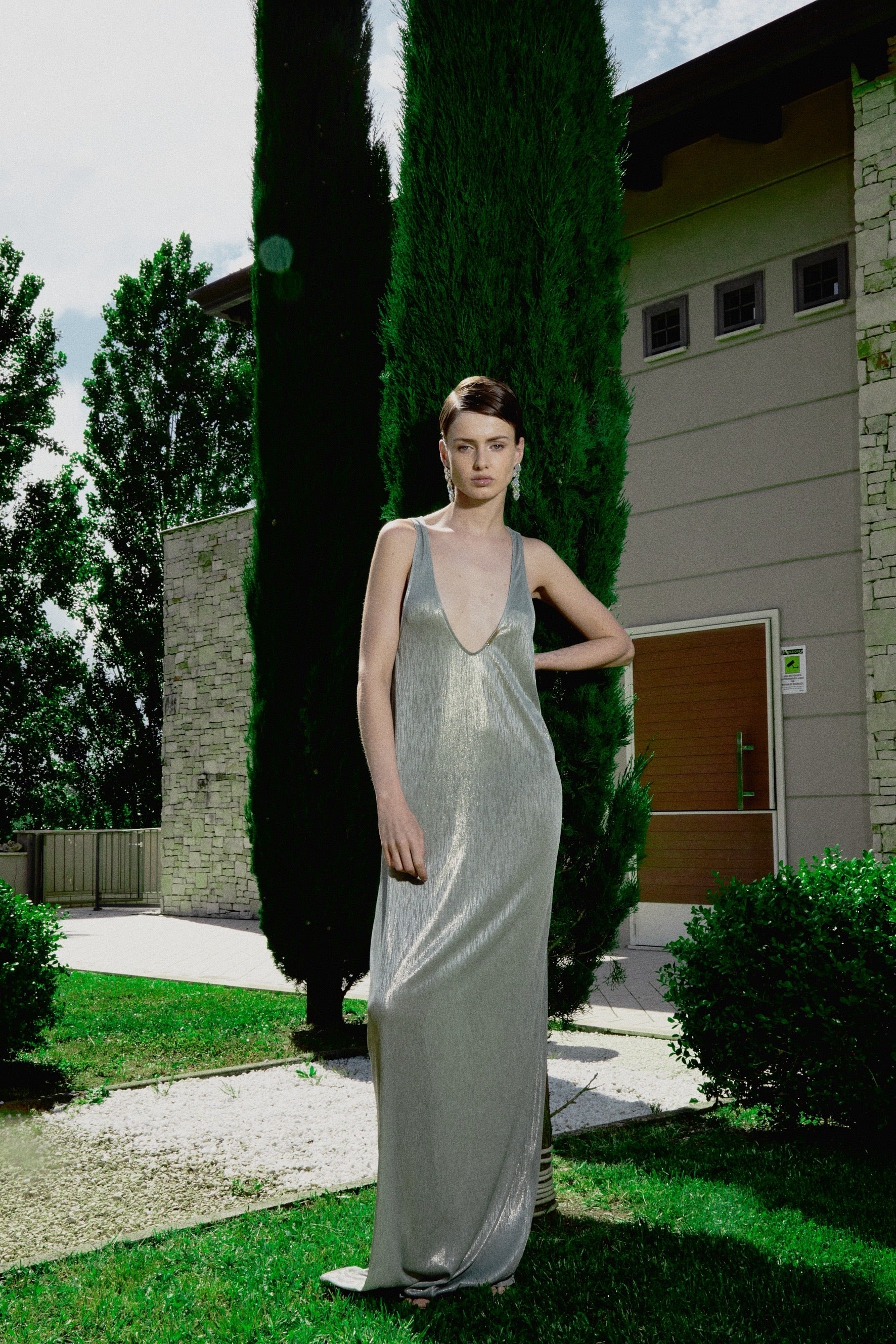 Robe longue en jersey plaqué