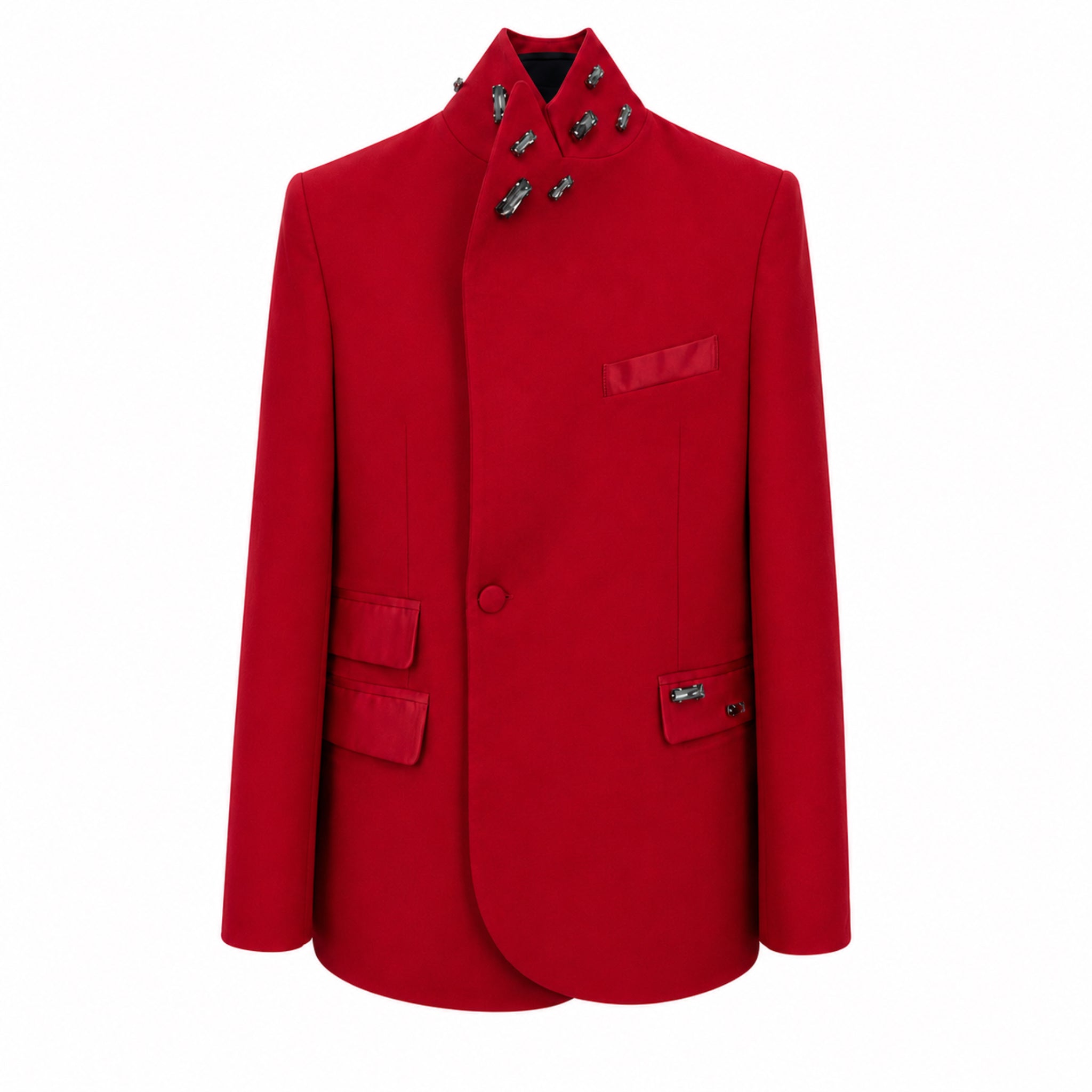 Neu interpretierte rote koreanische Jacke mit Steinen