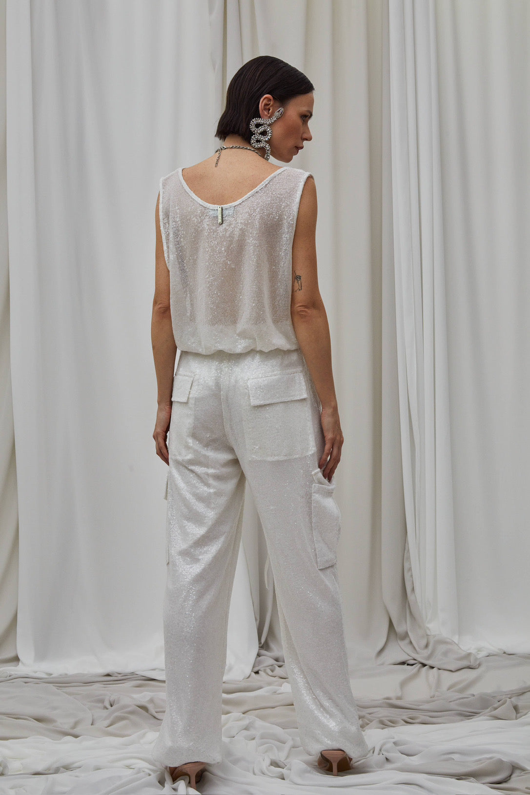 Pantalone Kargo Paillettes Bianco