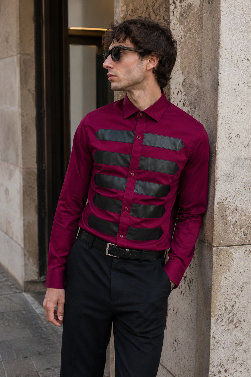 Camisa WHITESNAKE - Rayas de cuero sintético burdeos/negro