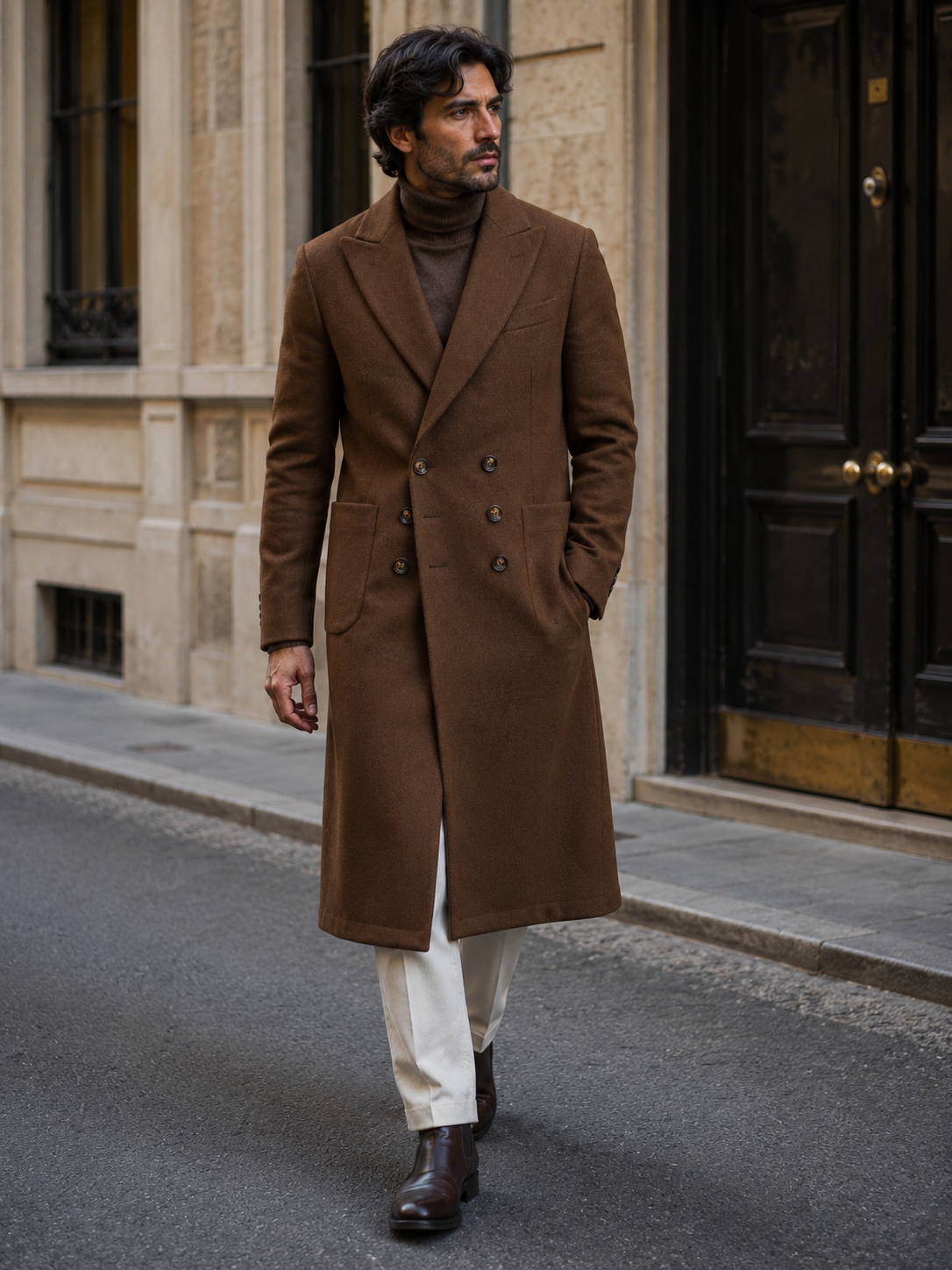 Cappotto Doppiopetto Lungo Marrone con Piumino