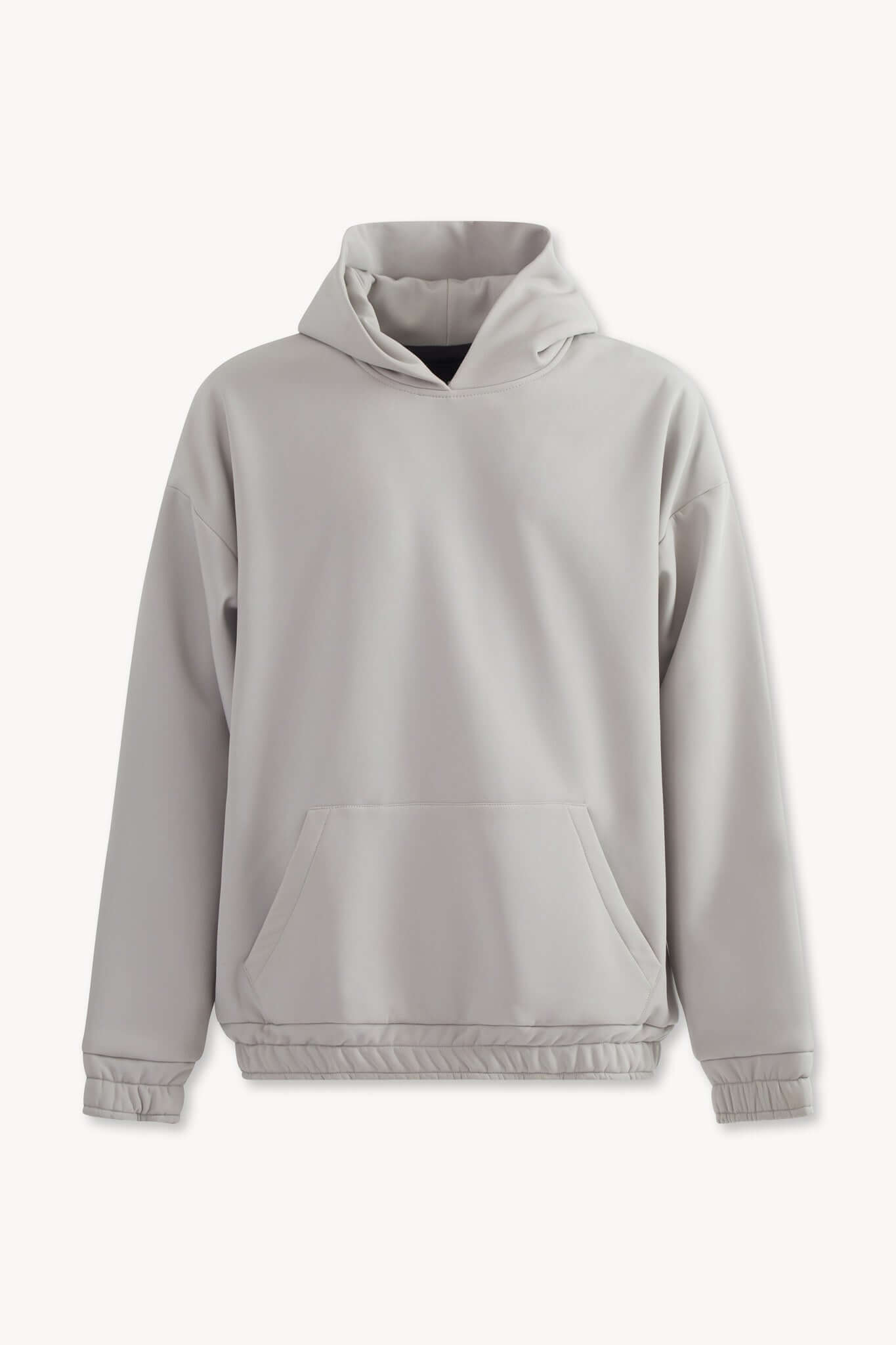 Felpa Scuba grigia con cappuccio, tascone centrale e maniche lunghe in tessuto tecnico scuba.