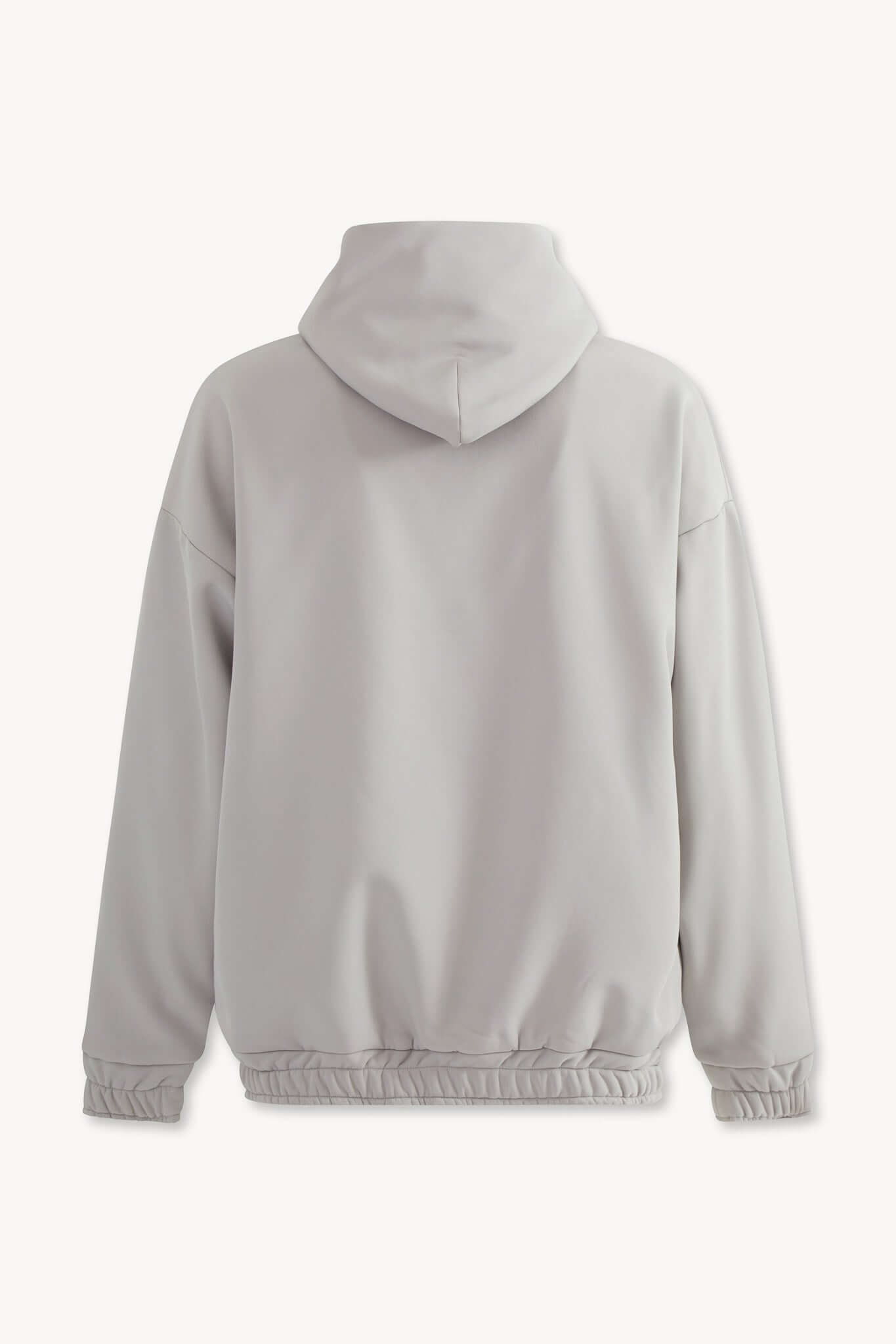 Felpa Scuba grigia con cappuccio, vista posteriore, in tessuto scuba moderno ed elastico.