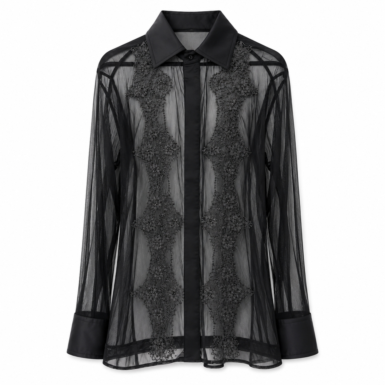 Camicia Regolare Tulle Nera con Ricamo