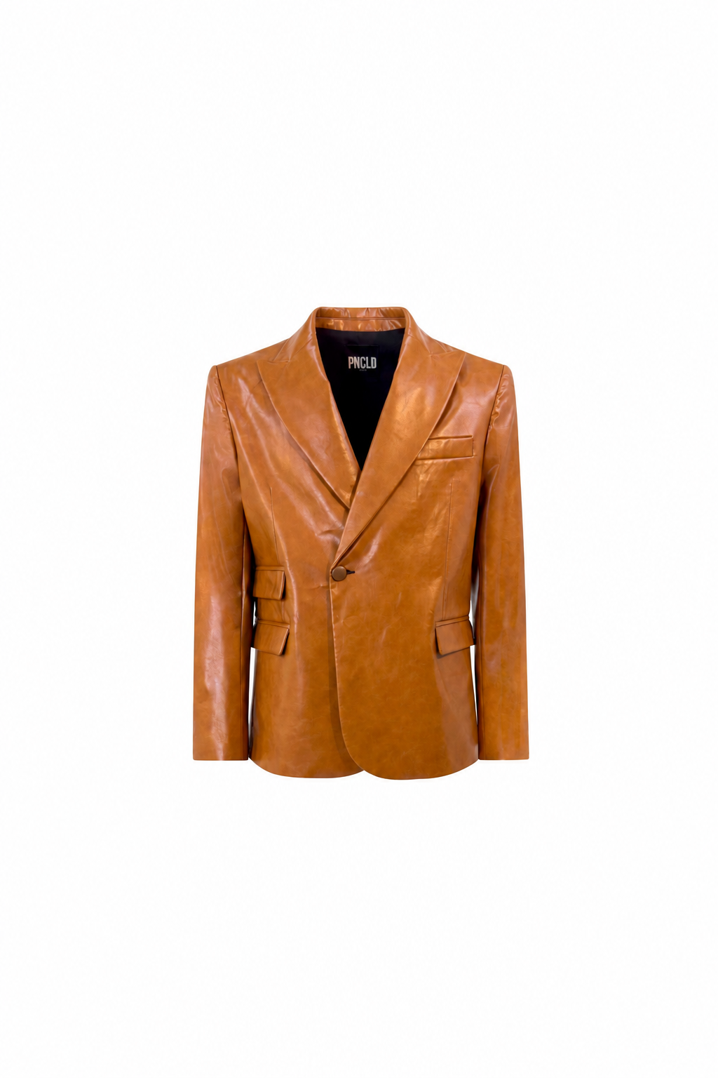 Chaqueta cruzada de un botón de ecopiel color camello