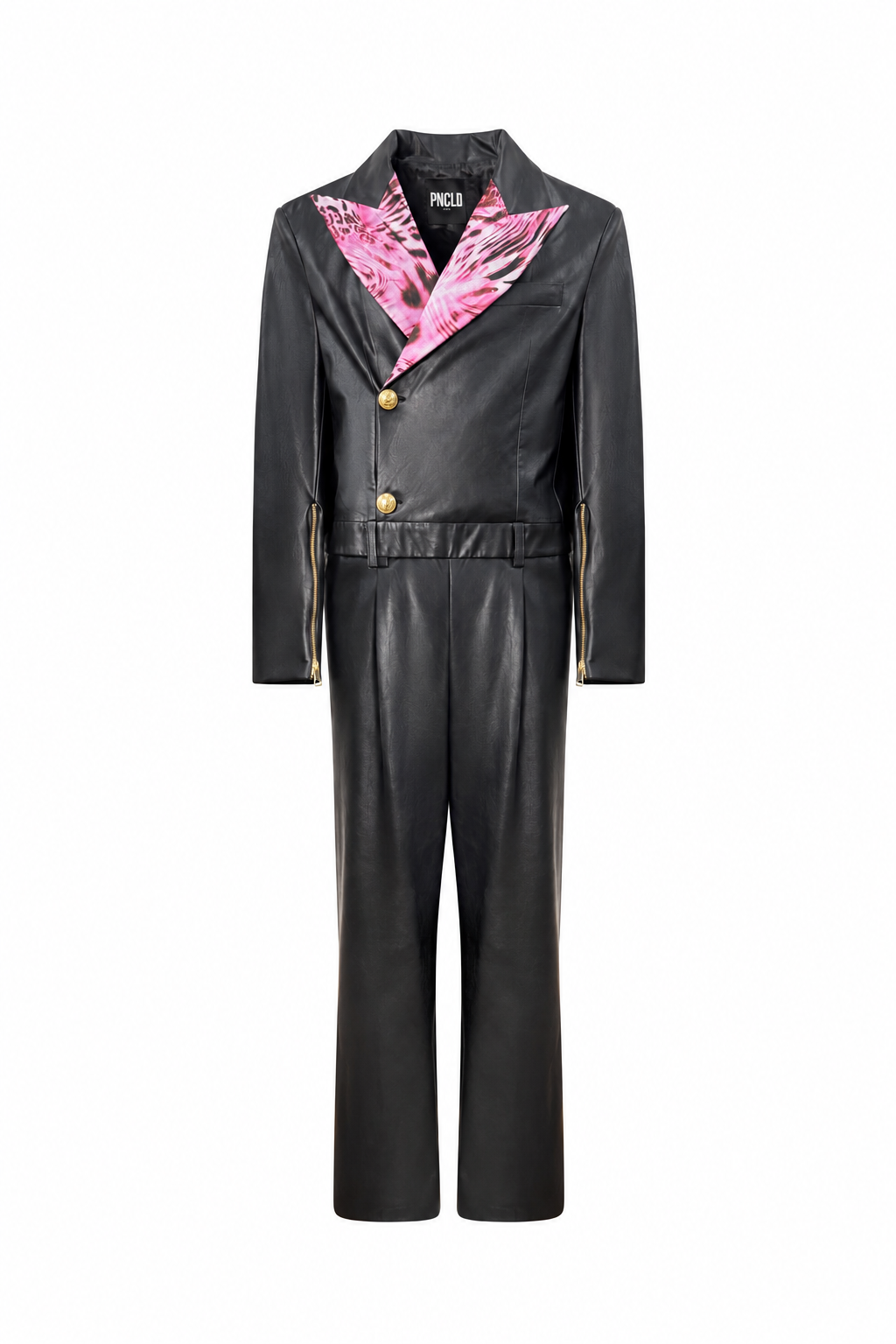 Combinaison Blazer en Similicuir Noir et Imprimé Animalier Rose