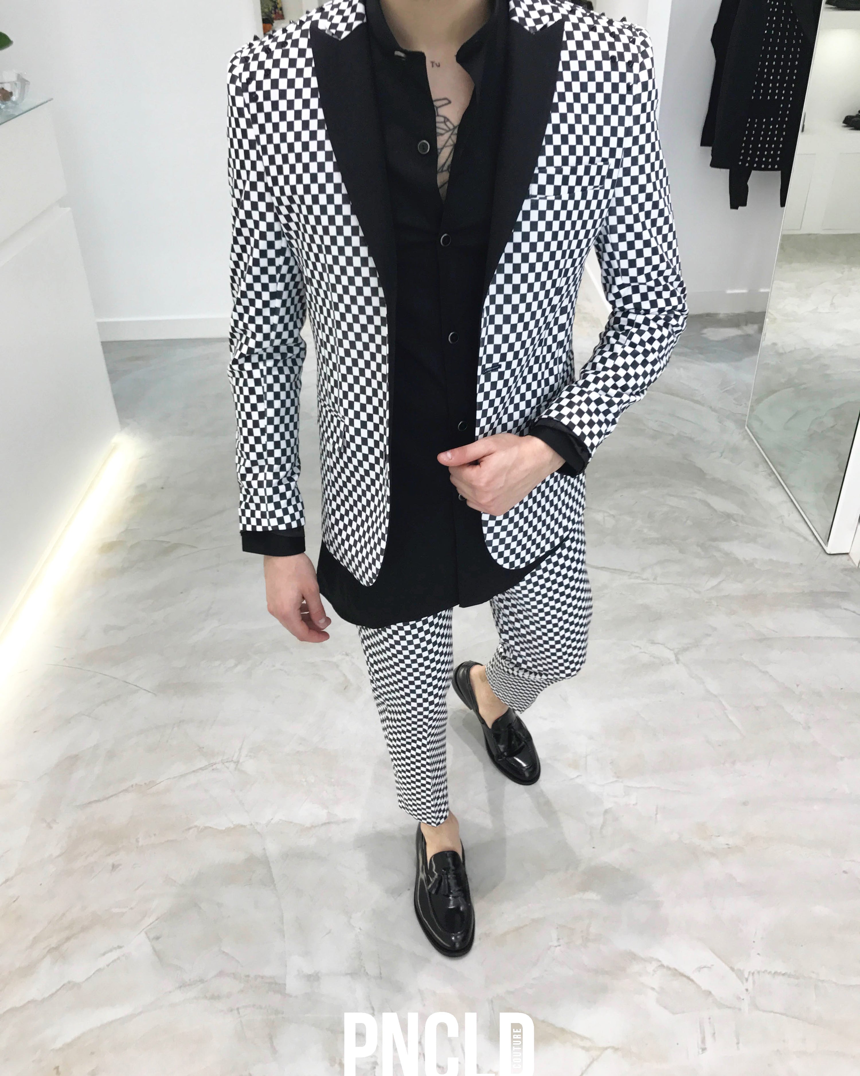 Giacca ELTON JOHN - Black/White Checkered Borchie