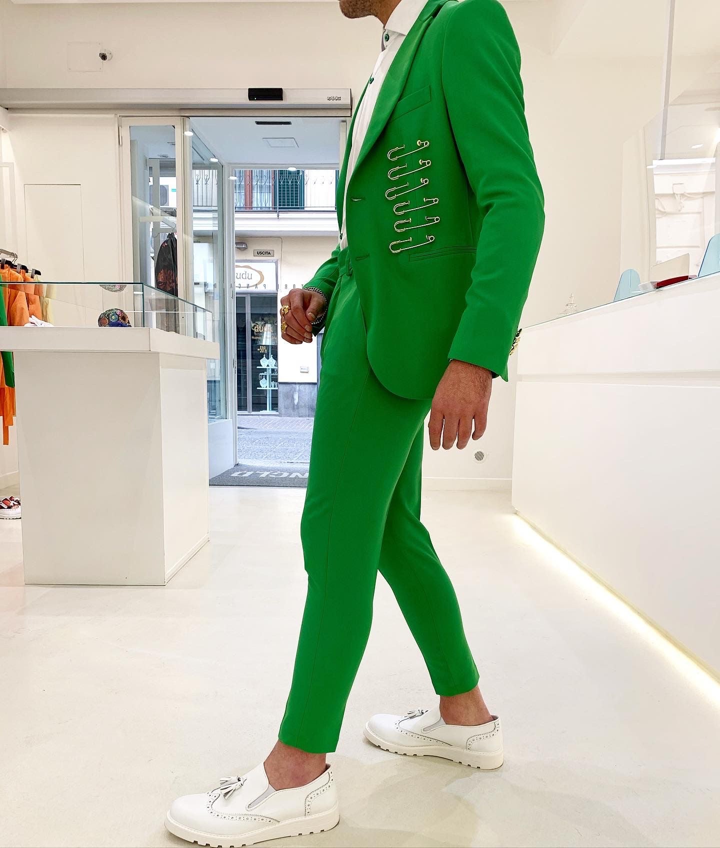 ELTON JOHN Veste Vert Émeraude Broche Boutons Dorés