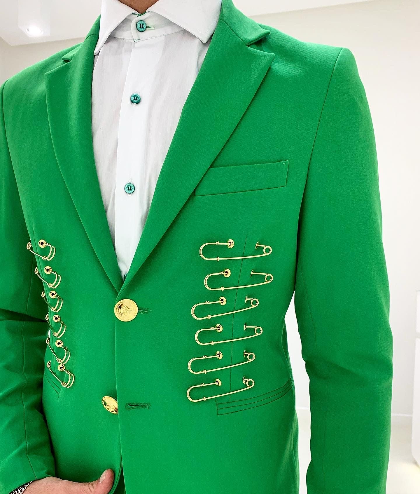 ELTON JOHN Veste Vert Émeraude Broche Boutons Dorés